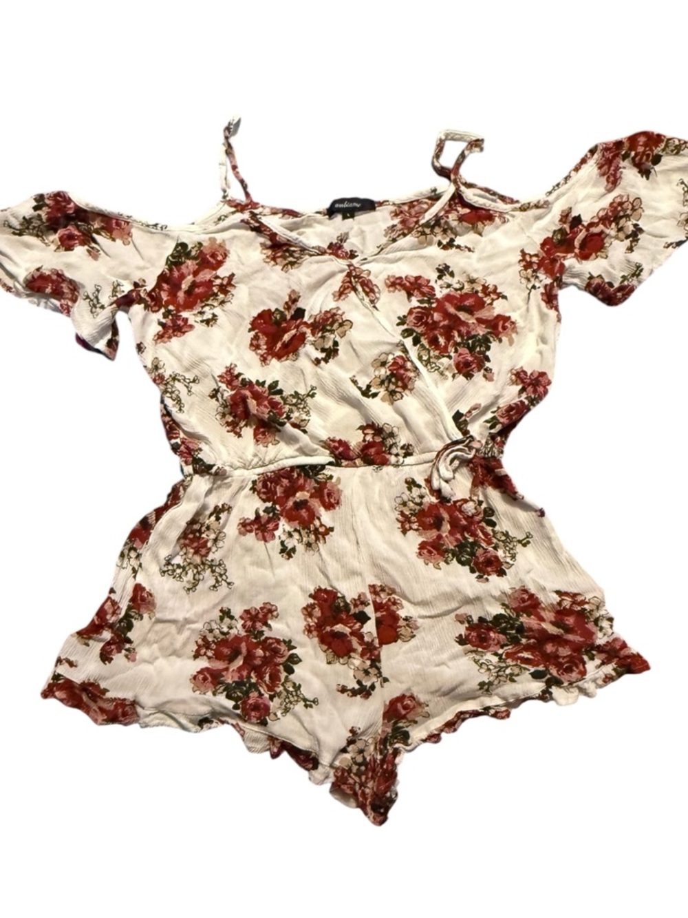 Ambiance Cream Romper with Red Floral Accents